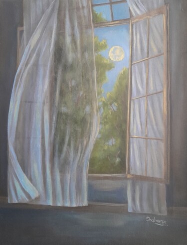 Malarstwo zatytułowany „MOON AT THE WINDOW” autorstwa Shaheera Sandhu, Oryginalna praca, Olej