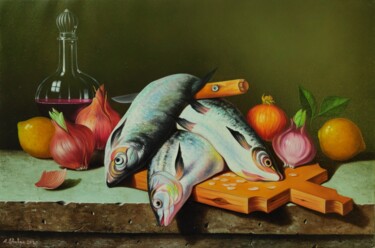 Painting titled "Still life with fis…" by Shahen Aleksandryan, Original Artwork, Oil Mounted on Wood Stretcher frame