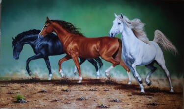 Painting titled "Three Horses" by Shahen Aleksandryan, Original Artwork, Oil