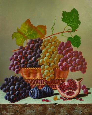 Painting titled "Grapes with Pomegra…" by Shahen Aleksandryan, Original Artwork, Oil Mounted on Wood Stretcher frame