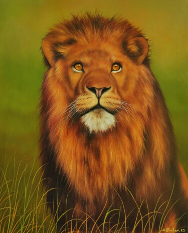 Painting titled "Lion #2" by Shahen Aleksandryan, Original Artwork, Oil Mounted on Wood Stretcher frame