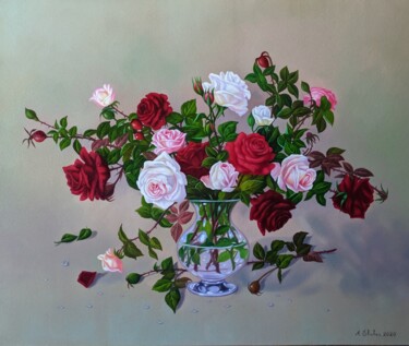Painting titled "Still life roses" by Shahen Aleksandryan, Original Artwork, Oil Mounted on Wood Stretcher frame