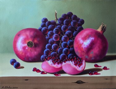 Painting titled "Pomegranate and Gra…" by Shahen Aleksandryan, Original Artwork, Oil Mounted on Wood Stretcher frame
