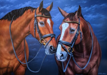 绘画 标题为“Two Horses” 由Shahen Aleksandryan, 原创艺术品, 油