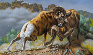 Painting titled "Clash of the Titans" by Shahen Aleksandryan, Original Artwork, Oil Mounted on Wood Stretcher frame