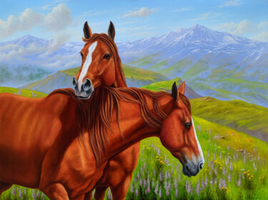 Painting titled "Majestic Companions" by Shahen Aleksandryan, Original Artwork, Oil Mounted on Wood Stretcher frame