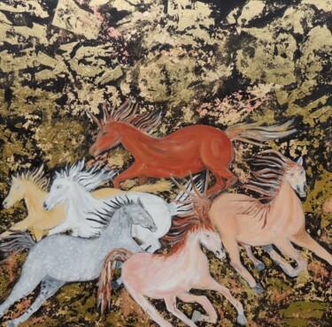 Pintura intitulada "Wild Mustangs with…" por Shahid Zuberi, Obras de arte originais, Acrílico