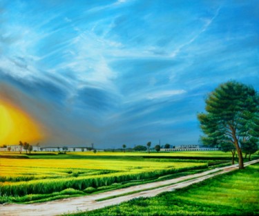 Painting titled "Village Scene of Pa…" by Shahid Rana, Original Artwork, Oil