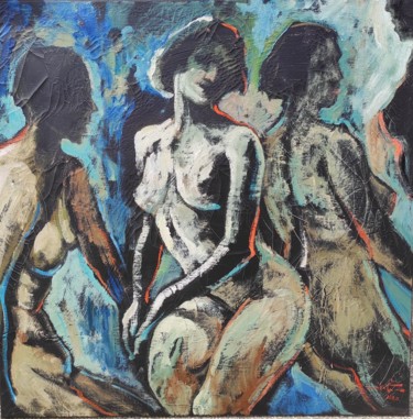 Painting titled "Les femmes" by Shahram Nabati, Original Artwork, Oil Mounted on Wood Stretcher frame