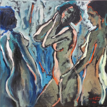 Painting titled "Les femmes3" by Shahram Nabati, Original Artwork, Oil Mounted on Wood Stretcher frame