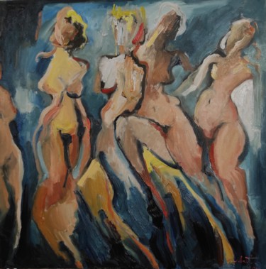 Painting titled "Les femmes 6" by Shahram Nabati, Original Artwork, Oil Mounted on Wood Stretcher frame
