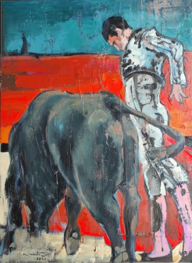 Schilderij getiteld "Tauromachie" door Shahram Nabati, Origineel Kunstwerk, Olie Gemonteerd op Frame voor houten brancard