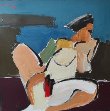 Painting titled "La femme assise" by Shahram Nabati, Original Artwork, Oil Mounted on Wood Stretcher frame