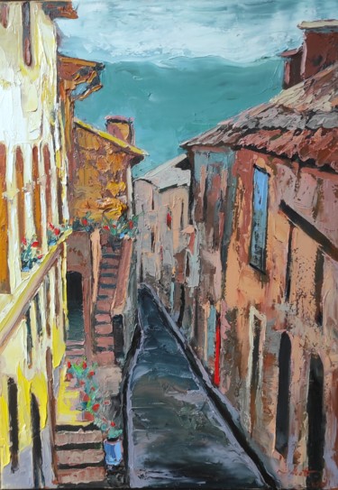 Painting titled "Les maisons" by Shahram Nabati, Original Artwork, Oil Mounted on Wood Stretcher frame