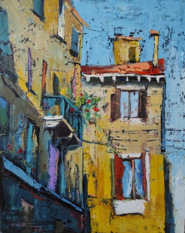 Painting titled "Les maisons2" by Shahram Nabati, Original Artwork, Oil Mounted on Wood Stretcher frame