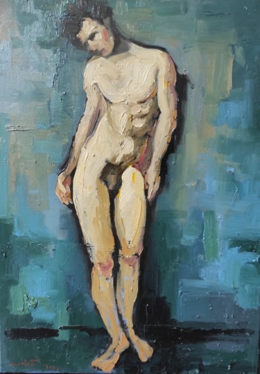 Painting titled "L'homme 2" by Shahram Nabati, Original Artwork, Oil Mounted on Wood Stretcher frame