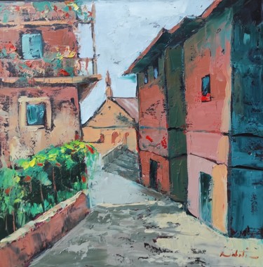 Painting titled "Les maisons 3" by Shahram Nabati, Original Artwork, Oil Mounted on Wood Stretcher frame