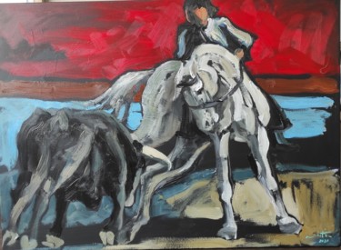 Painting titled "Tauromachie5" by Shahram Nabati, Original Artwork, Oil Mounted on Wood Stretcher frame