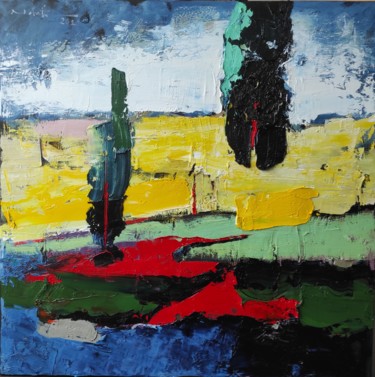 Painting titled "Les cyprès" by Shahram Nabati, Original Artwork, Oil Mounted on Wood Stretcher frame