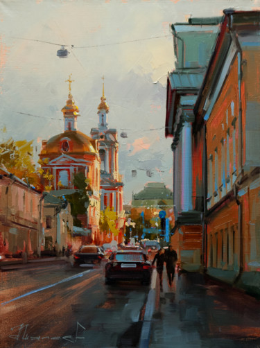 Painting titled "Московские храмы. Б…" by Shalaev Alexey, Original Artwork, Oil Mounted on Wood Stretcher frame