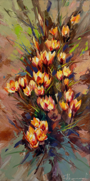 Painting titled "Crocuses in the spr…" by Shalaev Alexey, Original Artwork, Oil Mounted on Wood Stretcher frame