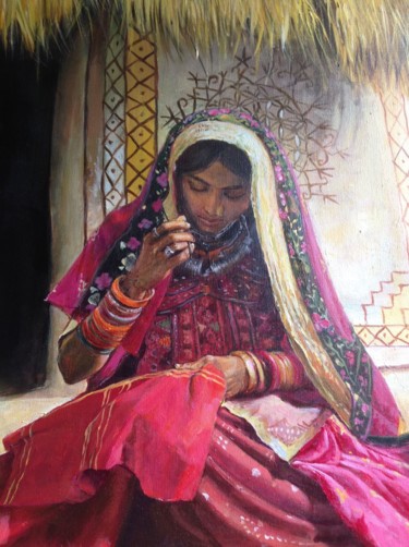 Malerei mit dem Titel "Woman from kutch" von Bharti Yadav, Original-Kunstwerk, Acryl