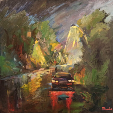 Painting titled "Cityscape of road,…" by Shalo"De Sagatel, Original Artwork, Oil Mounted on Wood Stretcher frame