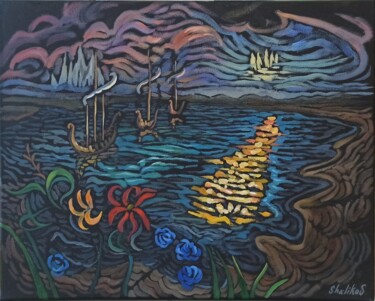 Malerei mit dem Titel ""L'Arrivée des Navi…" von Shalo"De Sagatel, Original-Kunstwerk, Öl