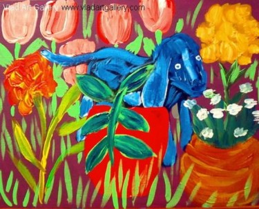 Painting titled "Blue Puppy in Garden" by Adelle Jean, Original Artwork, Oil