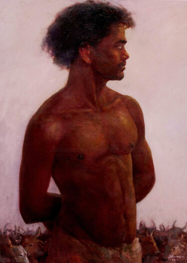 Peinture intitulée "The Tribesman" par Shanaka Kulatunga, Œuvre d'art originale, Huile Monté sur Châssis en bois