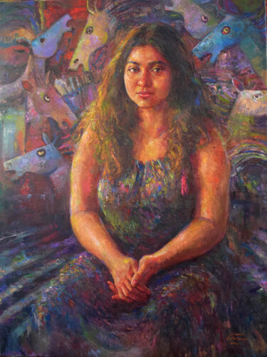 Картина под названием "Lost in Thought" - Shanaka Kulatunga, Подлинное произведение искусства, Масло Установлен на Деревянна…