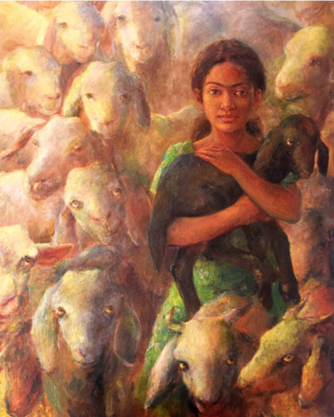 Schilderij getiteld "The Shepherd's Daug…" door Shanaka Kulatunga, Origineel Kunstwerk, Olie Gemonteerd op Frame voor houten…