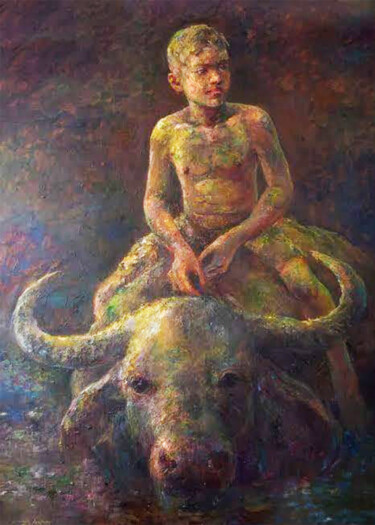 Ζωγραφική με τίτλο "Buffalo Rider" από Shanaka Kulatunga, Αυθεντικά έργα τέχνης, Λάδι Τοποθετήθηκε στο Ξύλινο φορείο σκελετό