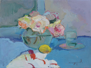 Картина под названием "Roses, lemon and gl…" - Alexander Shandor, Подлинное произведение искусства, Масло