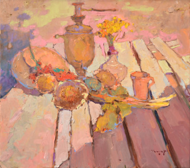 Painting titled "Still life with a s…" by Alexander Shandor, Original Artwork, Oil Mounted on Wood Stretcher frame