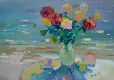 Painting titled "Roses Near the Sea" by Alexander Shandor, Original Artwork, Oil Mounted on Wood Stretcher frame