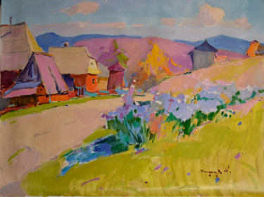 Painting titled "Village under the m…" by Alexander Shandor, Original Artwork, Oil