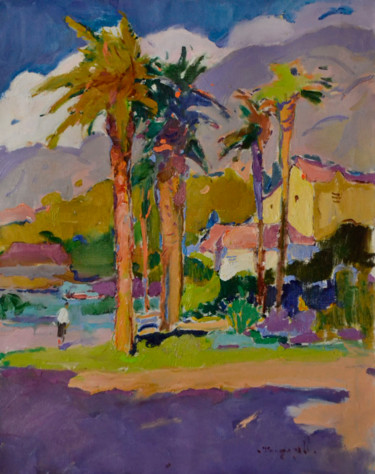 Painting titled "Palms" by Alexander Shandor, Original Artwork, Oil Mounted on Wood Stretcher frame