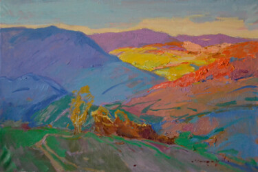 Painting titled "Evening Mountains" by Alexander Shandor, Original Artwork, Oil Mounted on Wood Stretcher frame