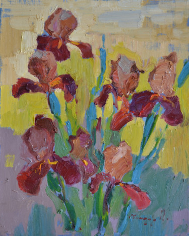 Картина под названием "Irises in the garden" - Alexander Shandor, Подлинное произведение искусства, Масло