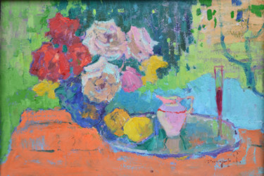 Painting titled "Roses and milkman _…" by Alexander Shandor, Original Artwork, Oil