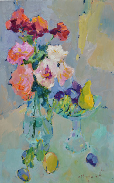 Painting titled "Roses and fruits _…" by Alexander Shandor, Original Artwork, Oil