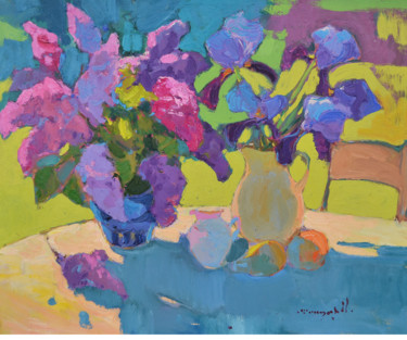 Painting titled "Lilac and irises" by Alexander Shandor, Original Artwork, Oil