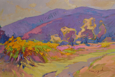 Painting titled "Yellow fields" by Alexander Shandor, Original Artwork, Oil Mounted on Wood Stretcher frame