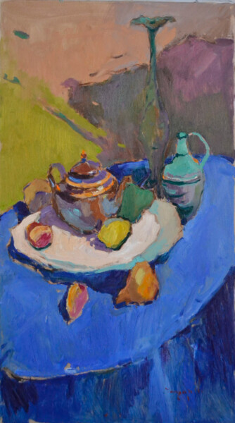 Painting titled "Tea pot _ oil on ca…" by Alexander Shandor, Original Artwork, Oil Mounted on Wood Stretcher frame