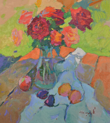 Painting titled "Roses and plums" by Alexander Shandor, Original Artwork, Oil Mounted on Wood Stretcher frame