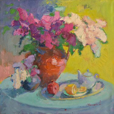Painting titled "Bunches of lilacs" by Alexander Shandor, Original Artwork, Oil Mounted on Wood Stretcher frame