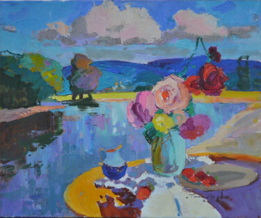 Painting titled "Roses near the river" by Alexander Shandor, Original Artwork, Oil Mounted on Wood Stretcher frame