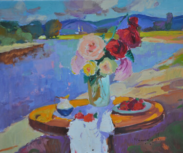 Картина под названием "Roses and strawberr…" - Alexander Shandor, Подлинное произведение искусства, Масло Установлен на Дере…