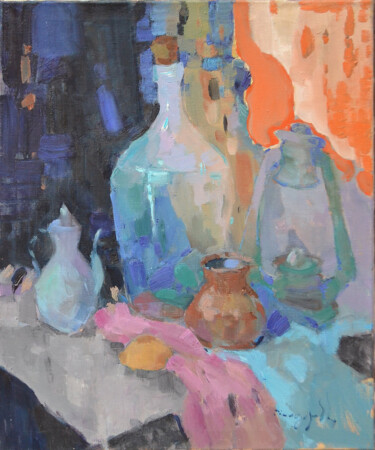 Painting titled "Bottle and Lamp" by Alexander Shandor, Original Artwork, Oil Mounted on Wood Stretcher frame